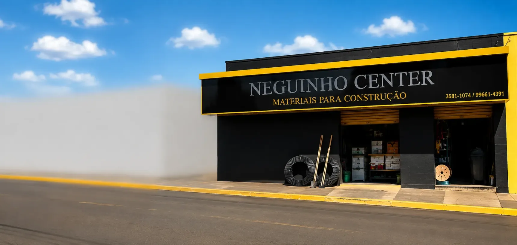Fachada da Loja de materiais para construção em Flórida Paulista, com produtos para obra, reforma, acabamento, ferramentas e manutenção.